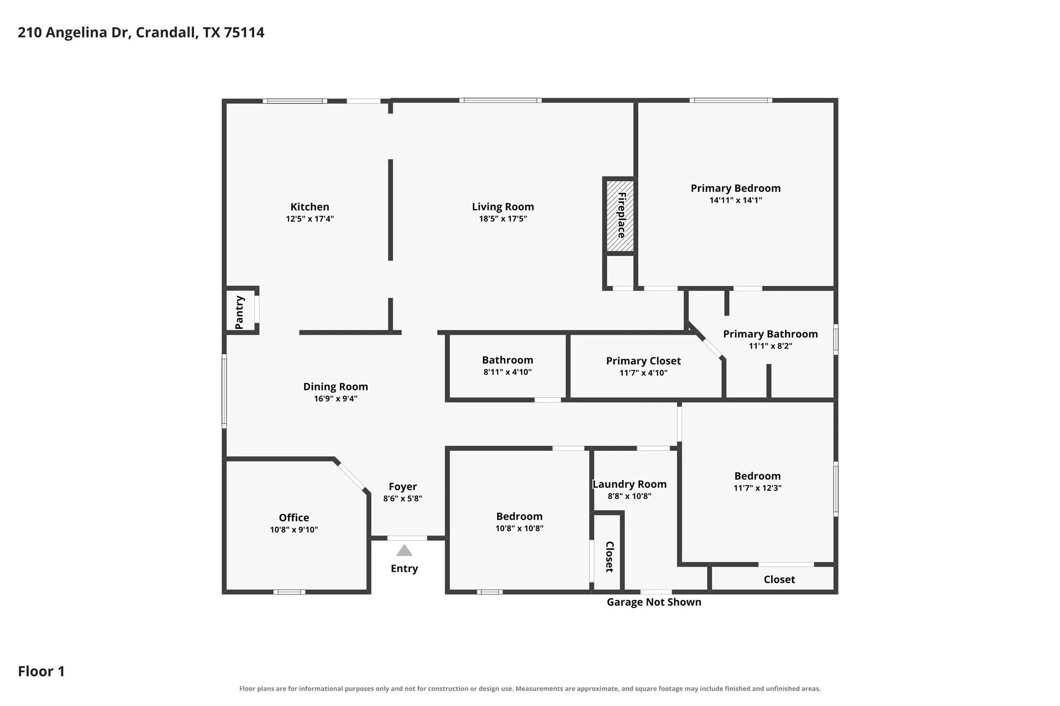 Floor plan of this single-story 3-bedroom Crandall home with office, dining room, and laundry