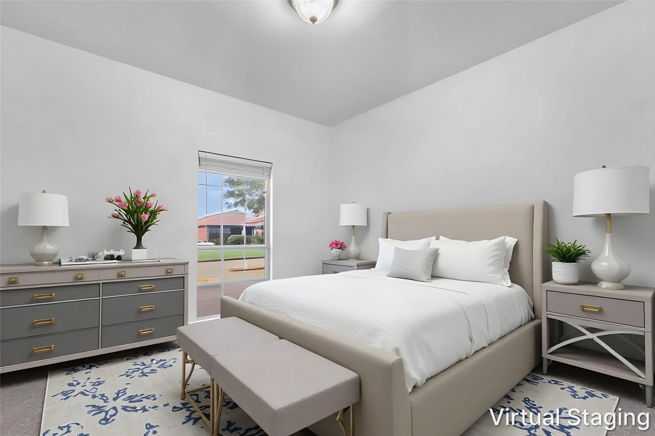 Virtually staged secondary bedroom with carpet and a front-facing window