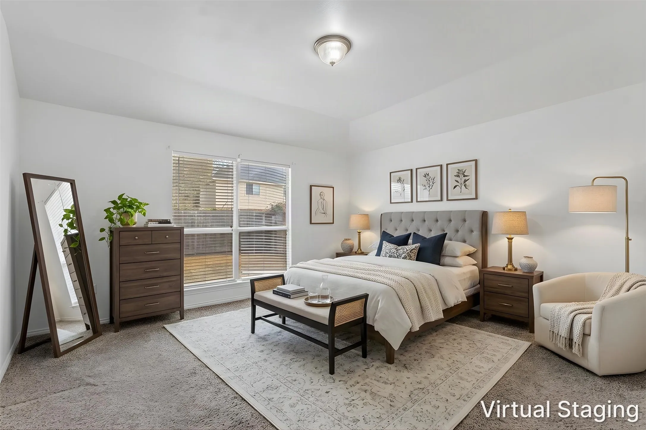 Virtually staged primary bedroom with carpet and a large window overlooking the backyard