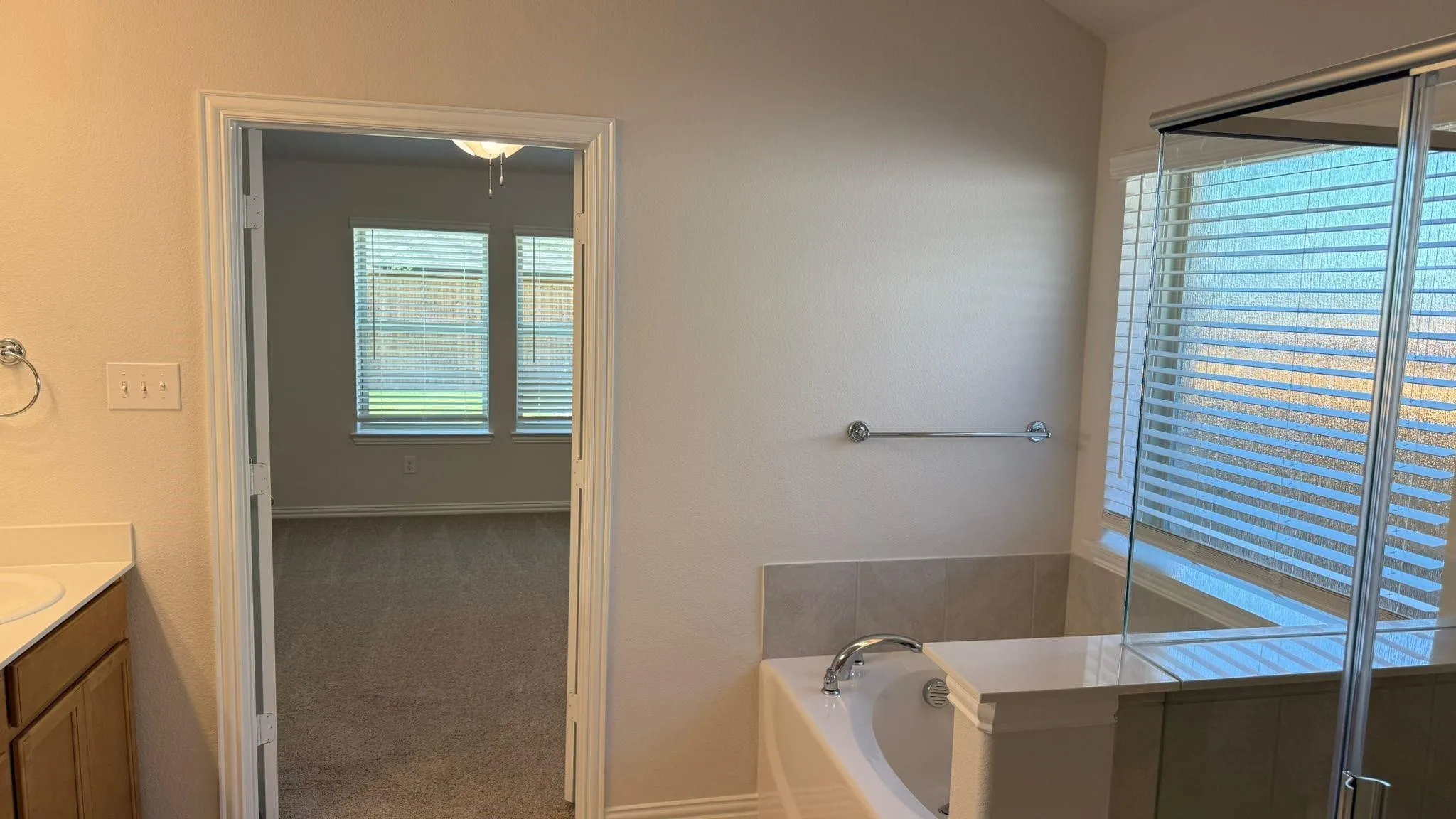 Carpeted room with two windows and horizontal blinds