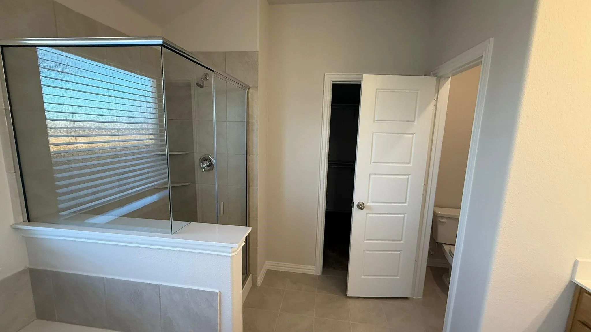 Glass-enclosed shower with tile surround and built-in shelving, opaque window with blinds, panel interior doors