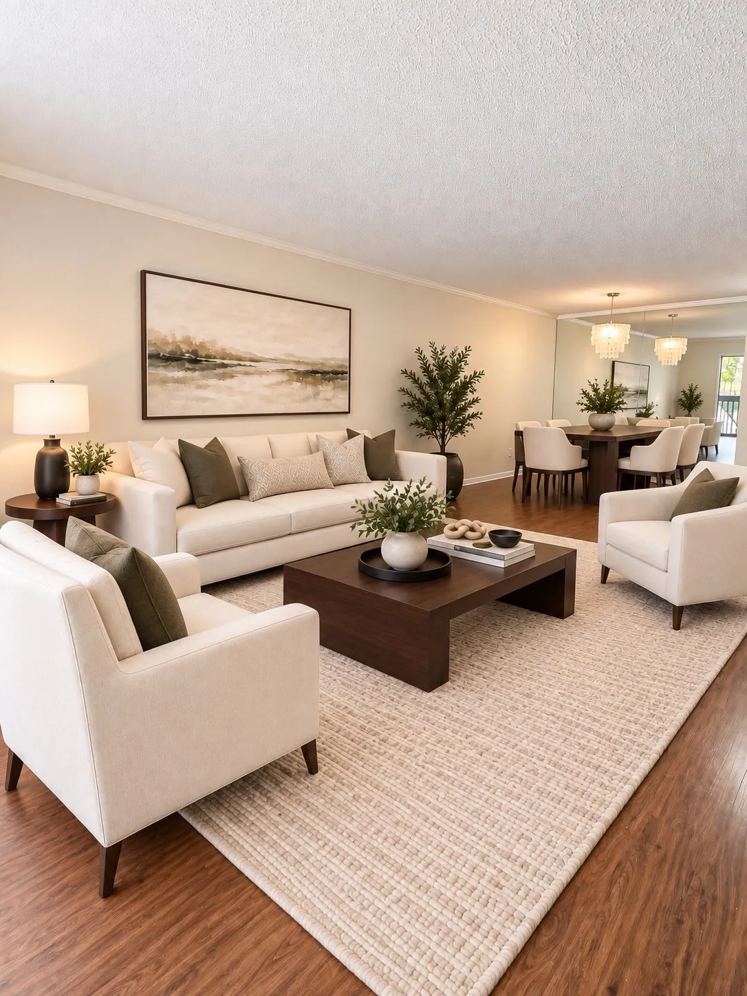 Virtually staged. Living and dining area.