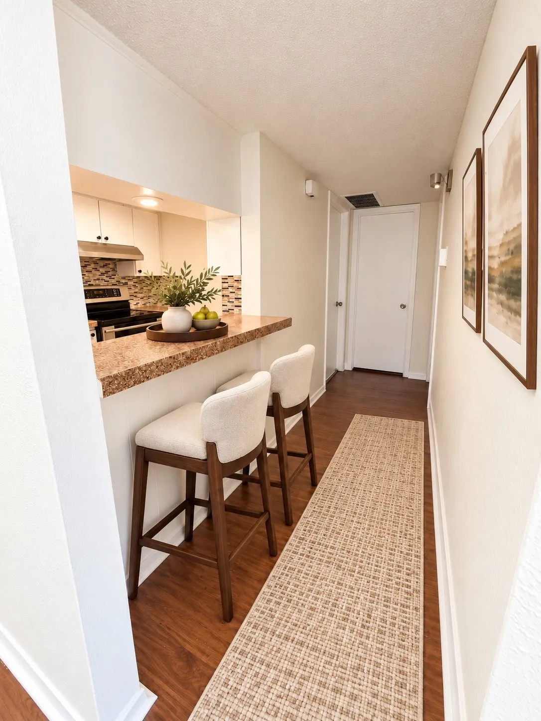 Virtually staged. Entry hall and breakfast bar.