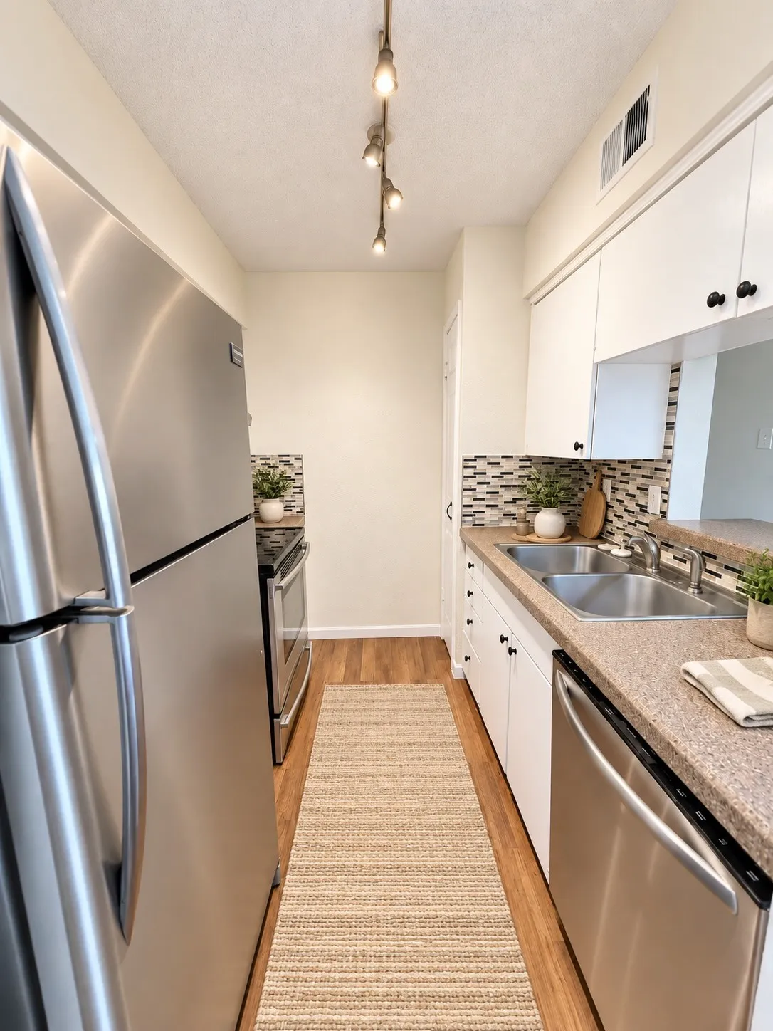Virtually staged. Galley kitchen.