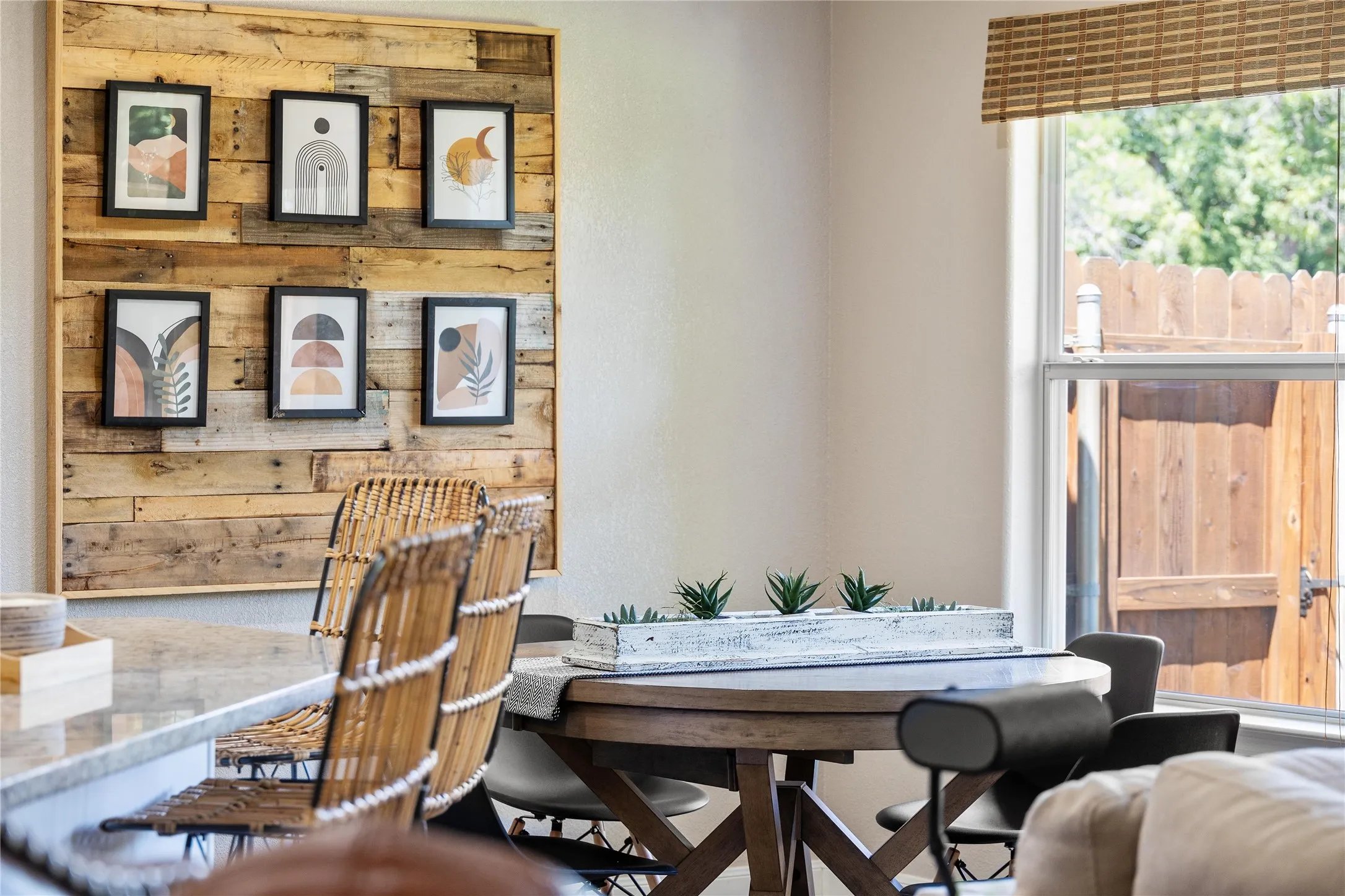 Dining room with wooden walls