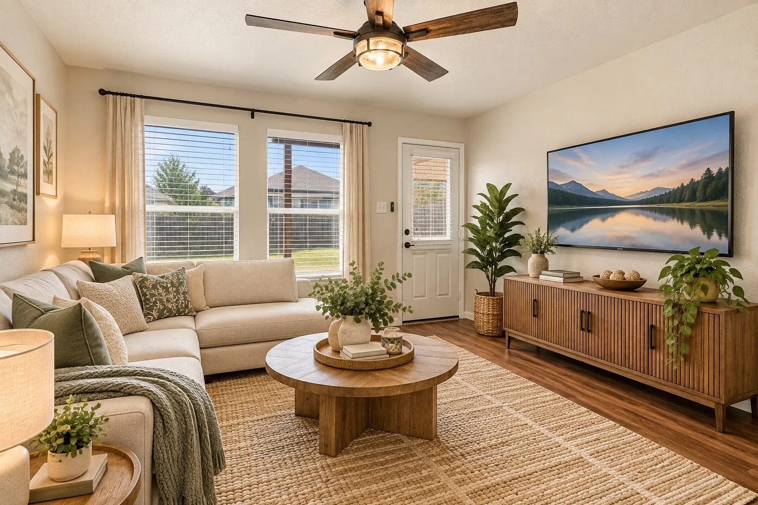 Living room virtually staged showing how to arange furniture for functionality