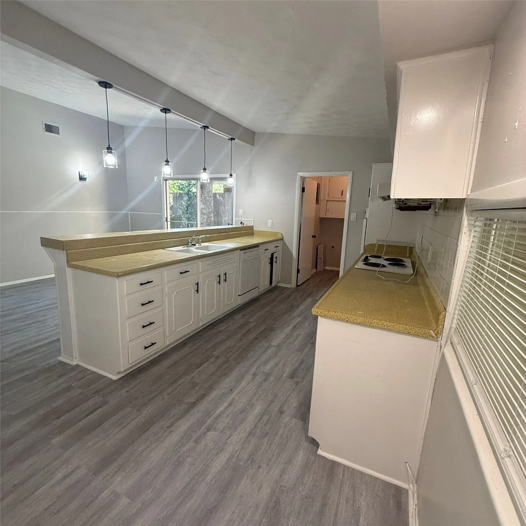 Kitchen featuring light wood-finish flooring, white cabinetry, a built-in double basin sink, and pendant lighting