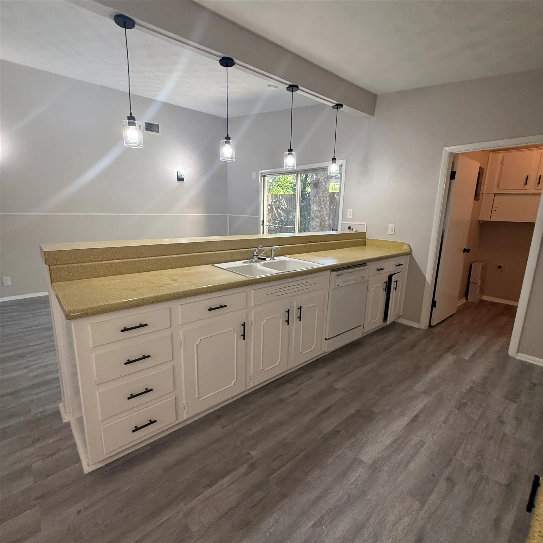 Kitchen featuring wood-finish flooring, white cabinetry with black hardware, double basin sink, and pendant lighting