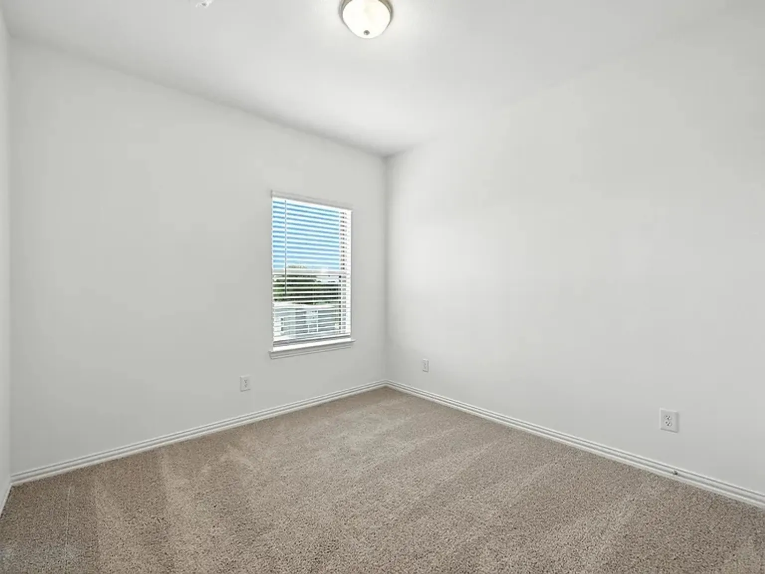 Neutral tone wall color, plush carpet, and a window with blinds