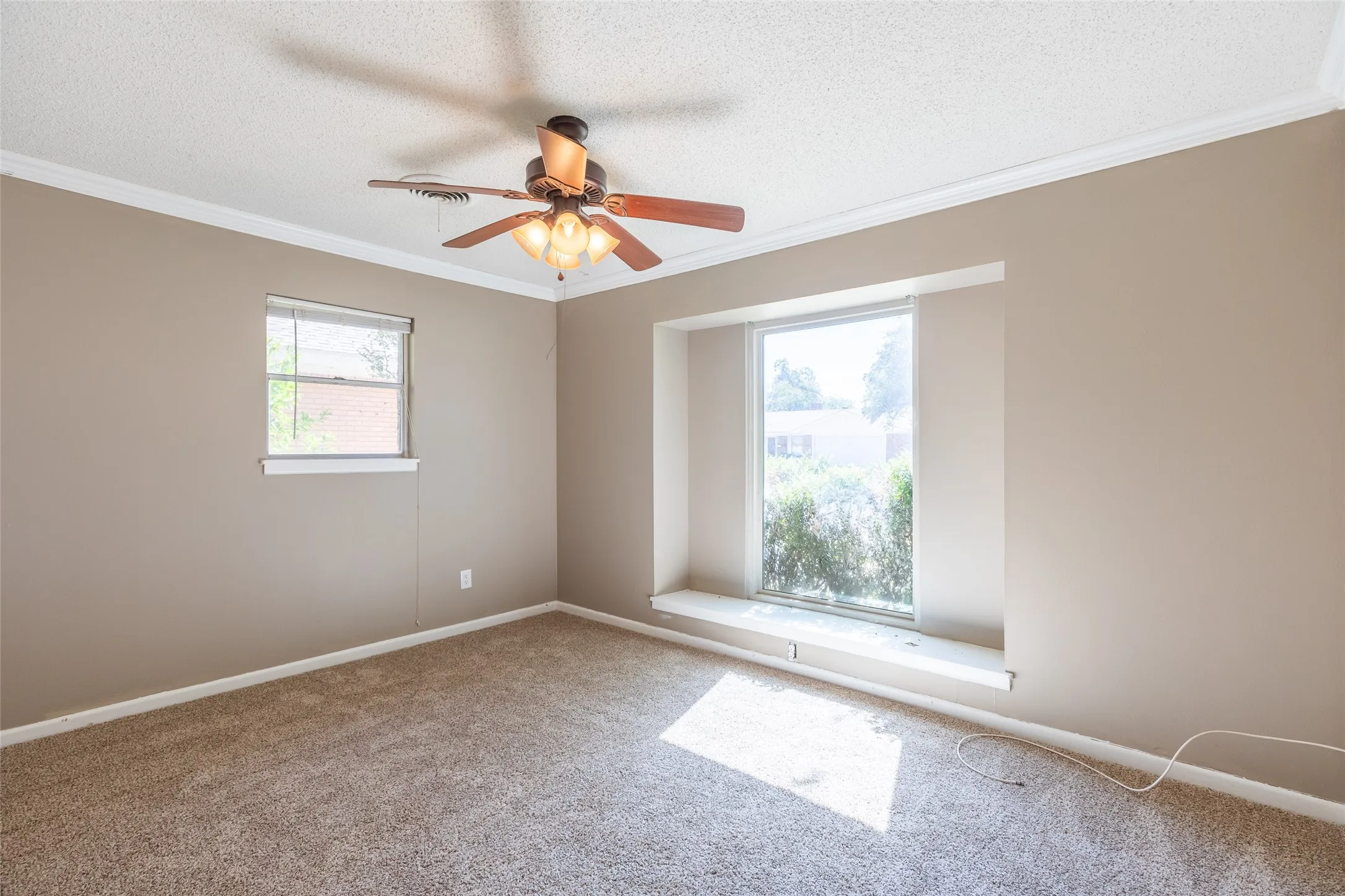 Neutral-toned walls complement plush carpeting