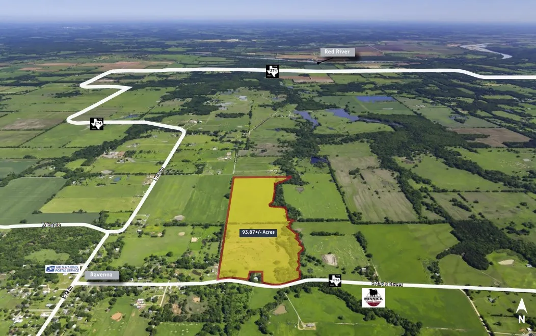Aerial overview of property's location with property parcel outlined and rural landscape