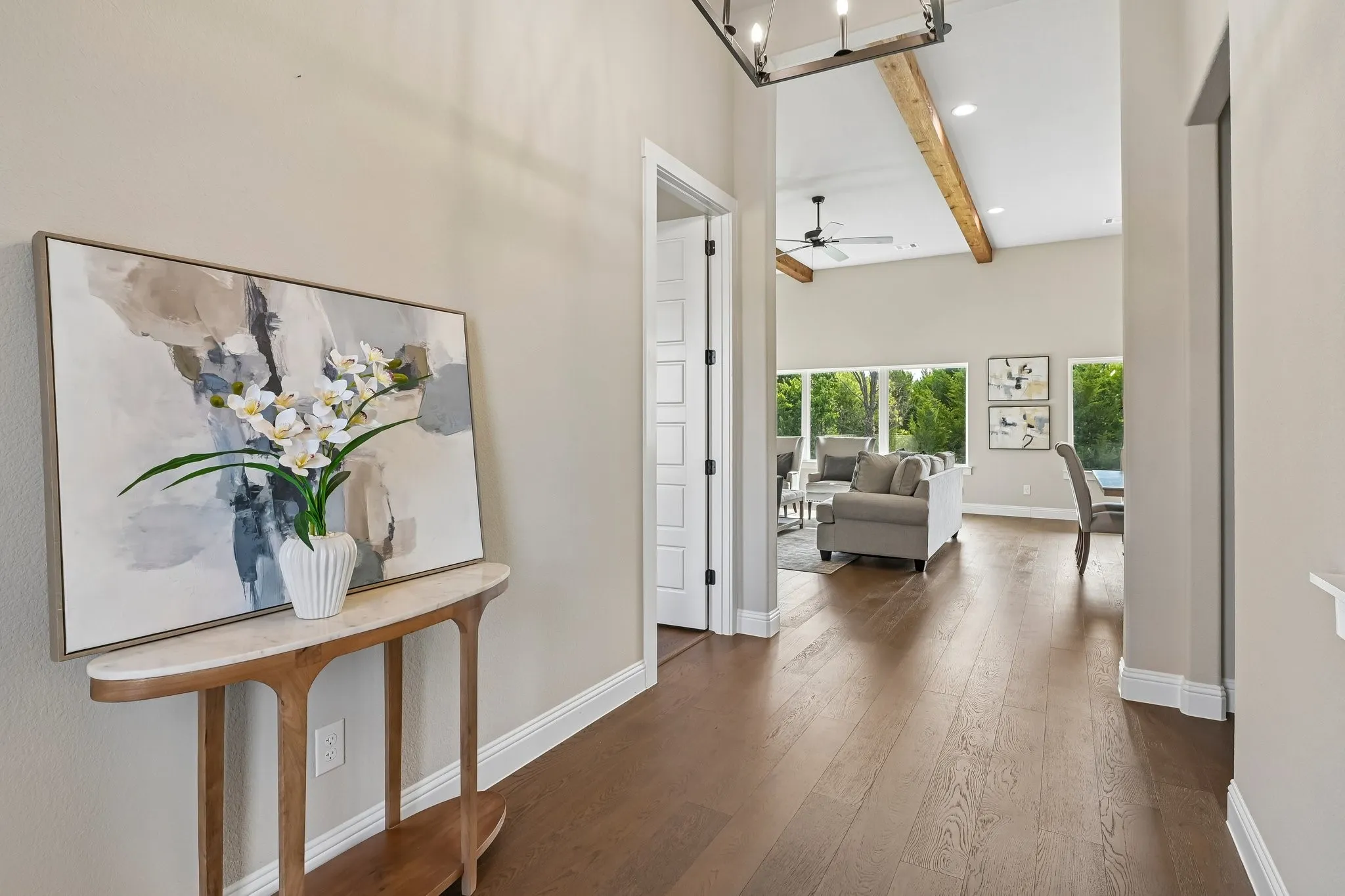 Wood-finish flooring extending into the main living space