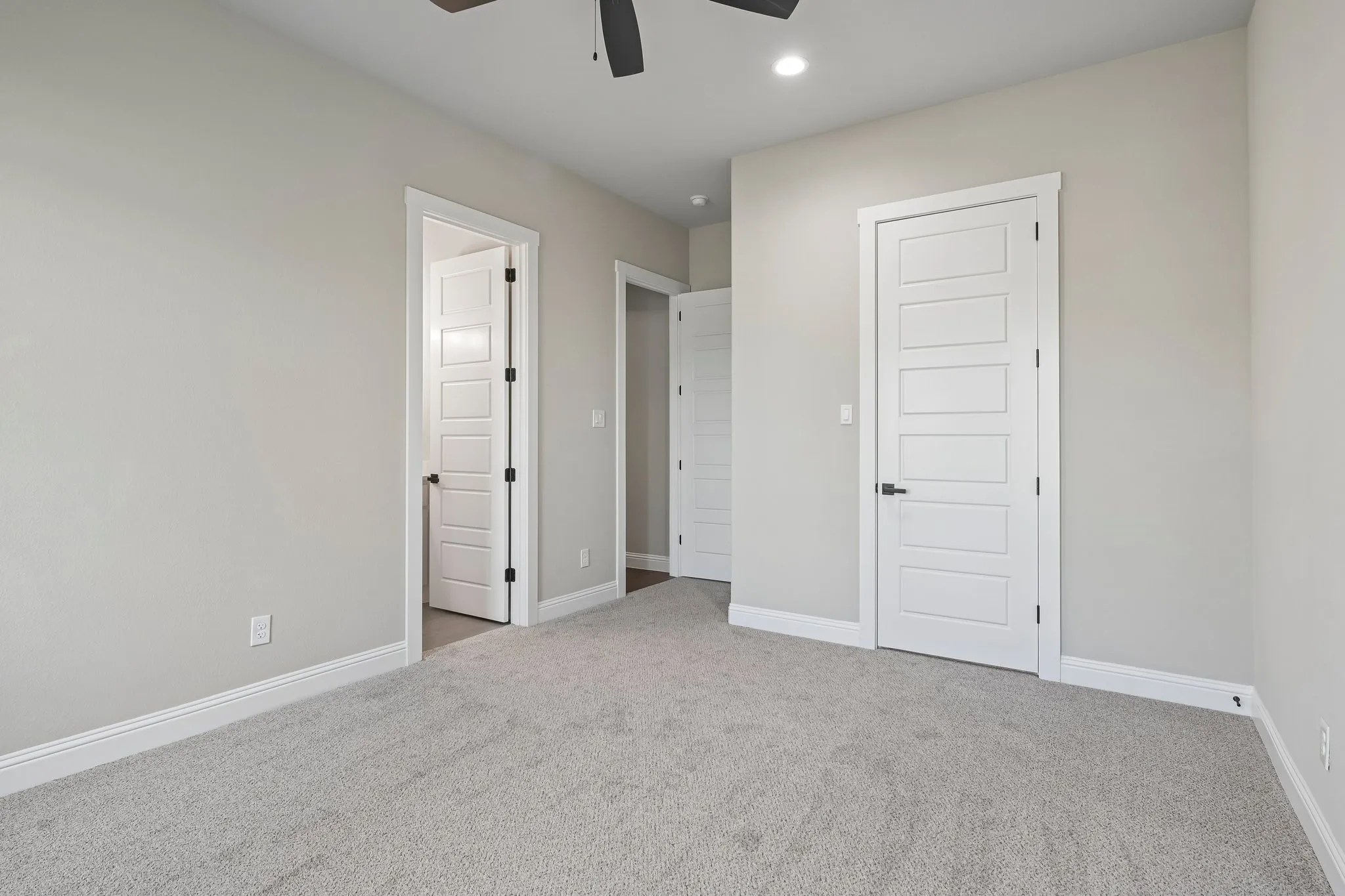 Carpeted flooring paired with light gray walls, white trim, and white five-panel interior doors