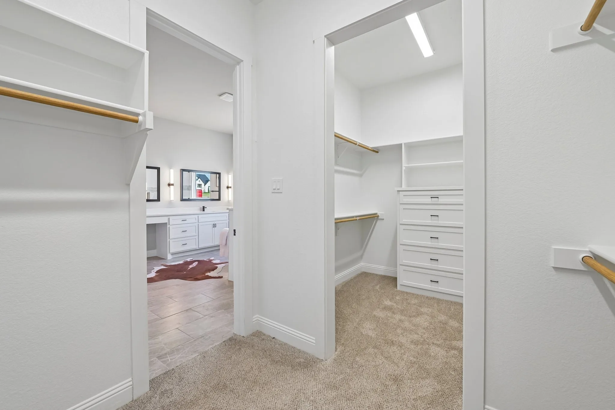 Walk-in closet featuring built-in shelving, hanging rods, and a five-drawer dresser