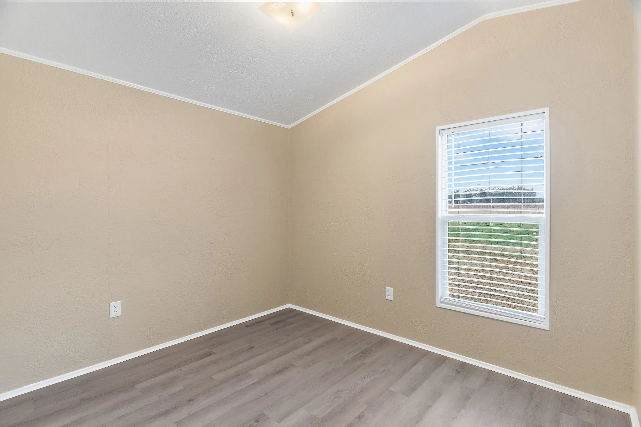 Unfurnished room with light wood-type flooring and vaulted ceiling