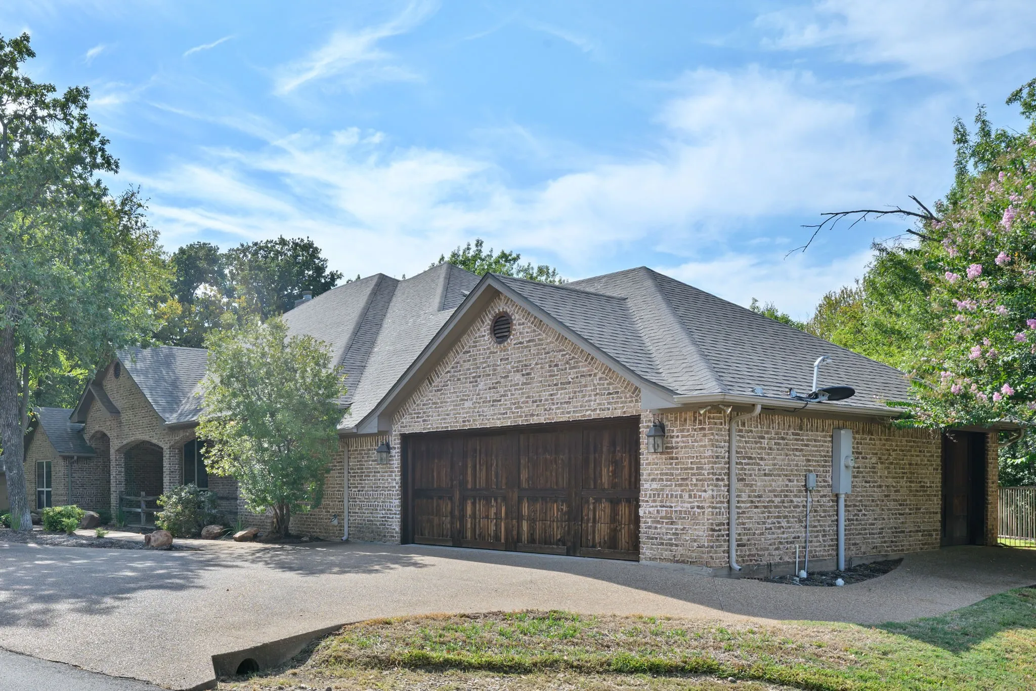 Brick exterior with a multi-pitch roof