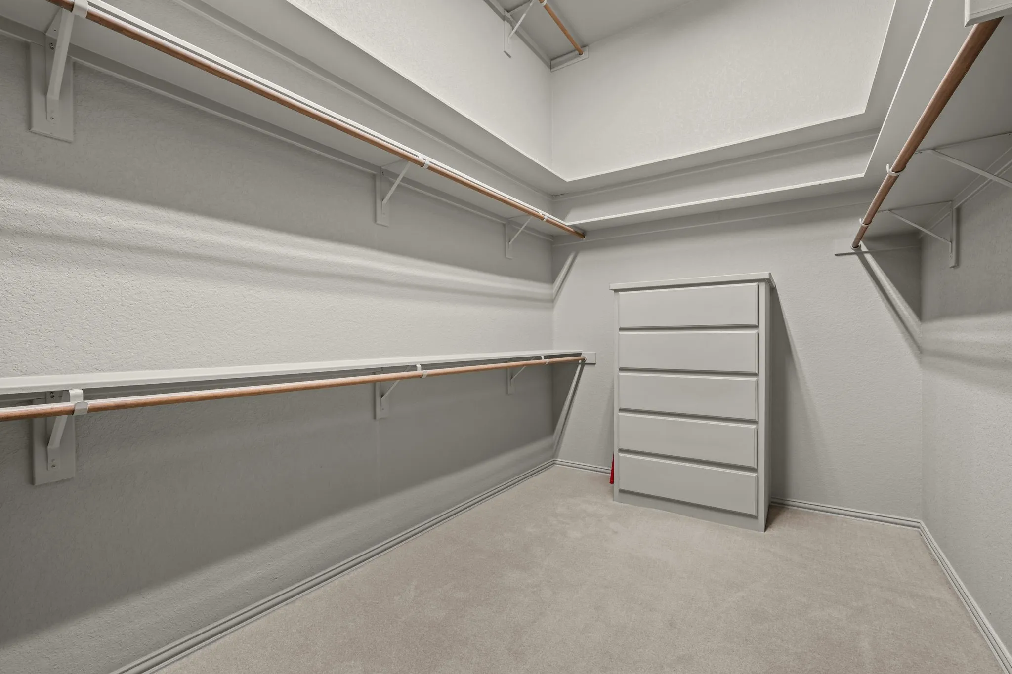 Walk-in closet featuring built-in shelving, hanging rods, an integrated dresser, and neutral carpeting