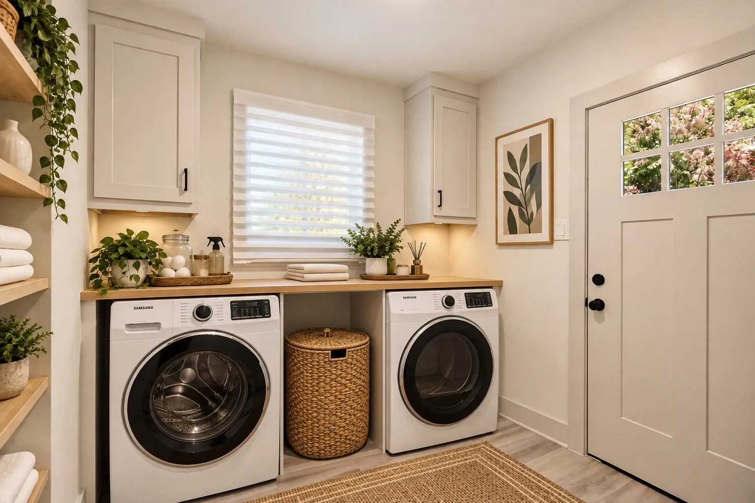 Dedicated laundry room featuring dual front-load washers and dryers with ample countertop workspace, abundant cabinetry storage, natural light from a multi-pane window, and neutral finishes throughout