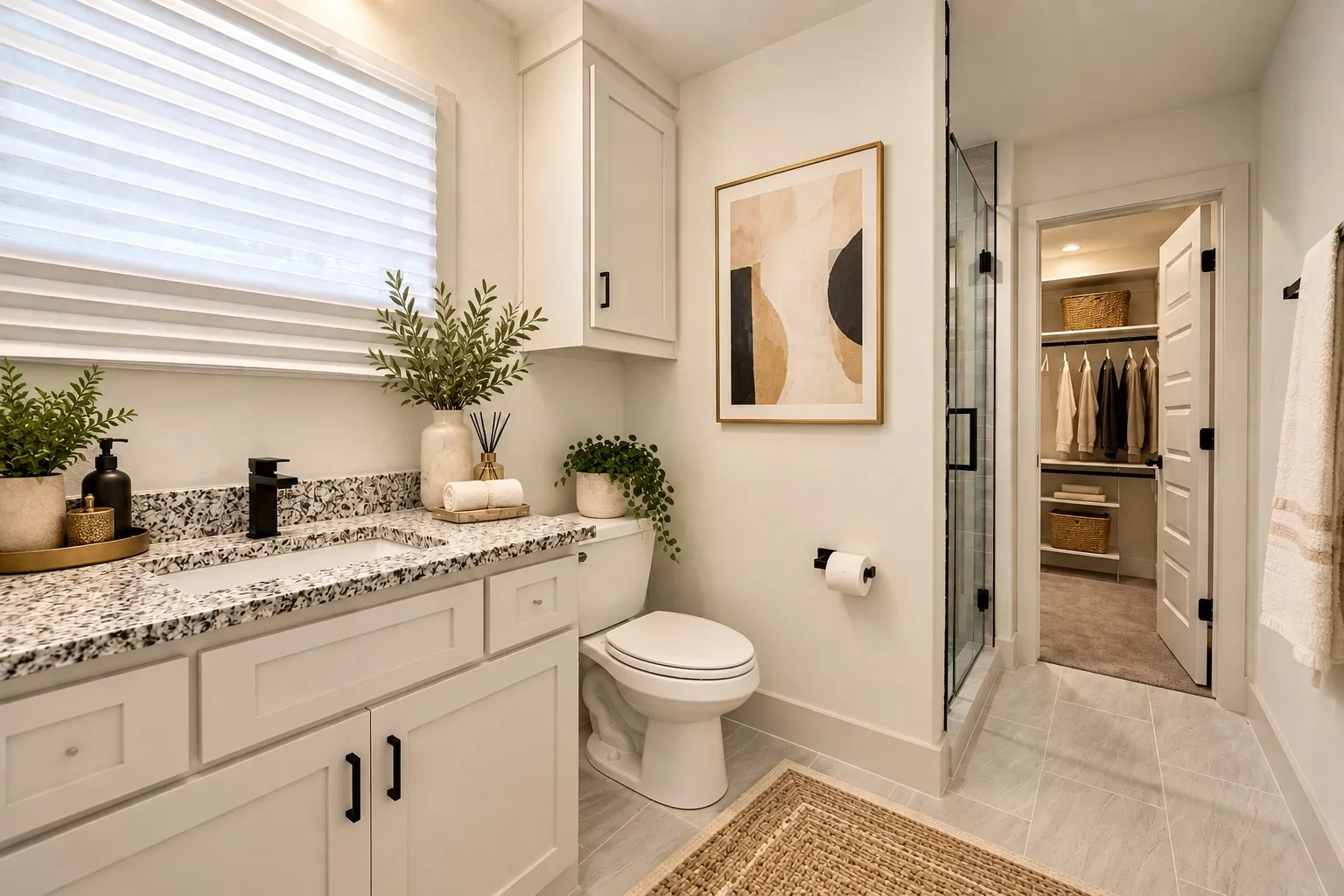 White shaker cabinetry with black hardware, granite countertop with integrated sink, glass-enclosed shower, and a walk-in closet with built-in shelving
