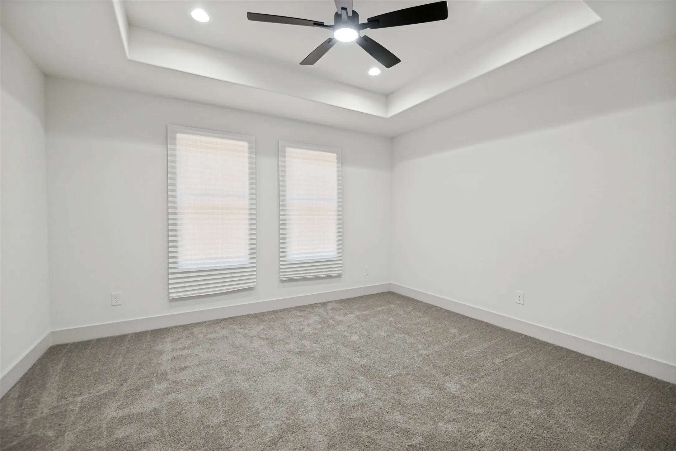 Recessed lighting, tray ceiling, ceiling fan, two windows with blinds, and carpeted flooring