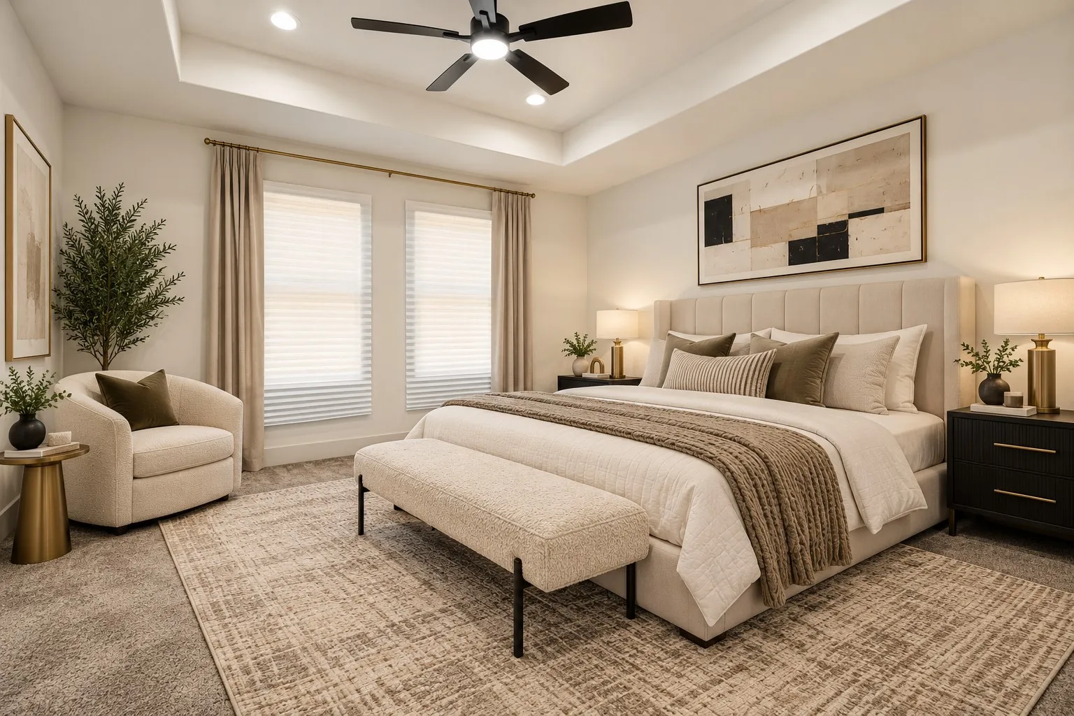 Recessed lighting illuminates a tray ceiling and a ceiling fan