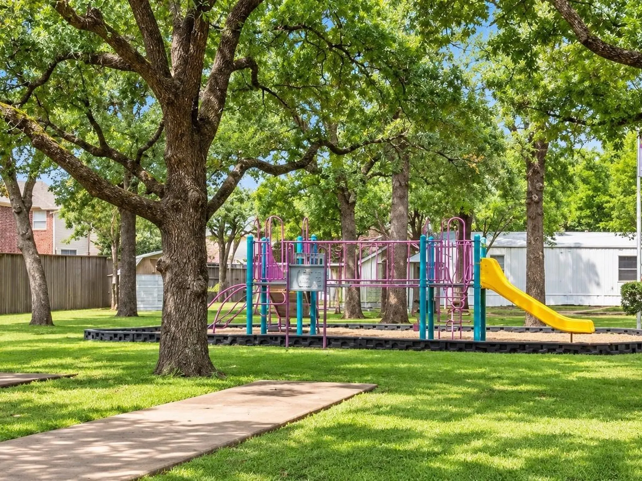 Recreational playground with a yellow slide, surrounded by mature trees and a concrete pathway