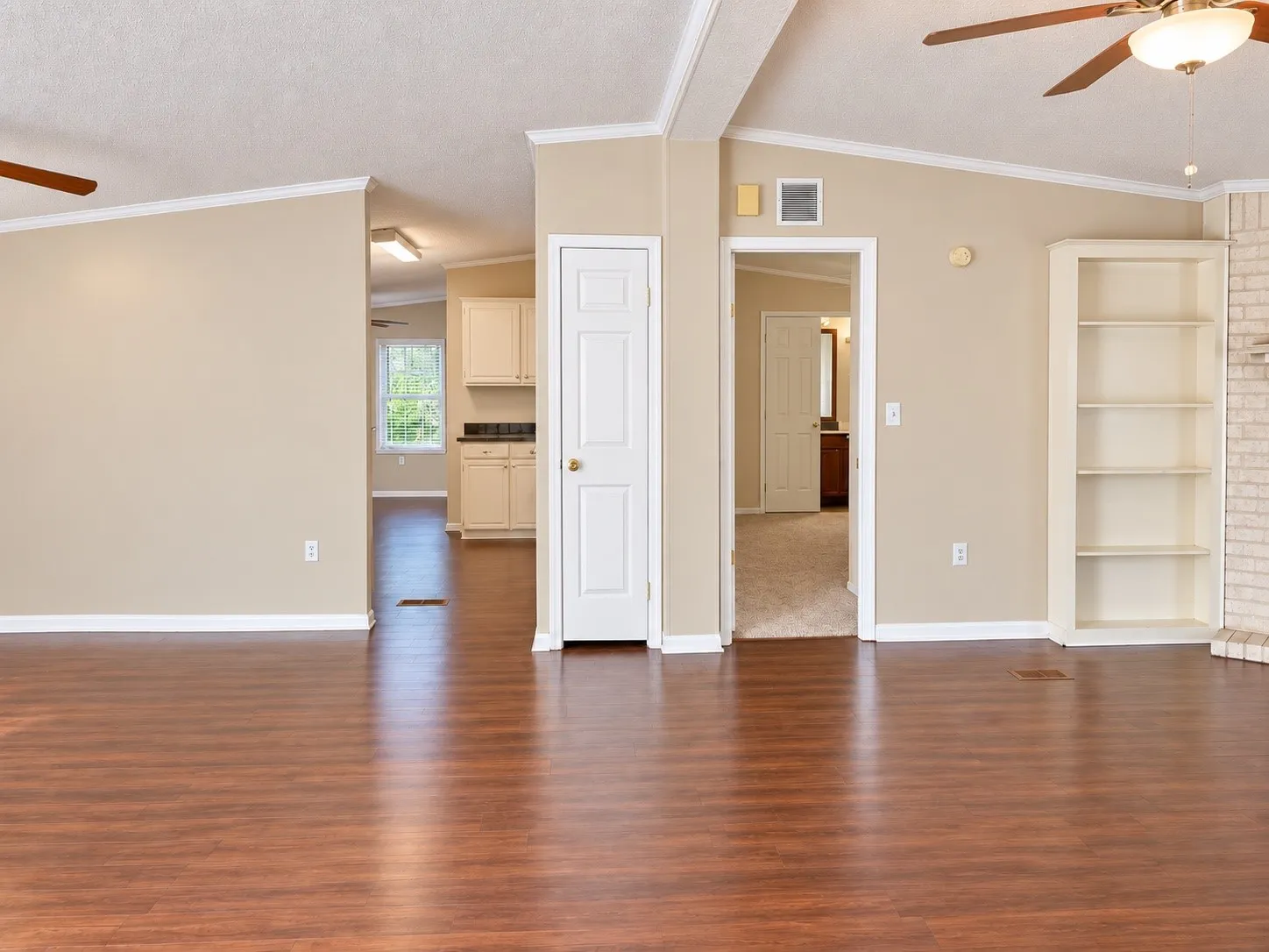 Wood-finish flooring throughout the main area