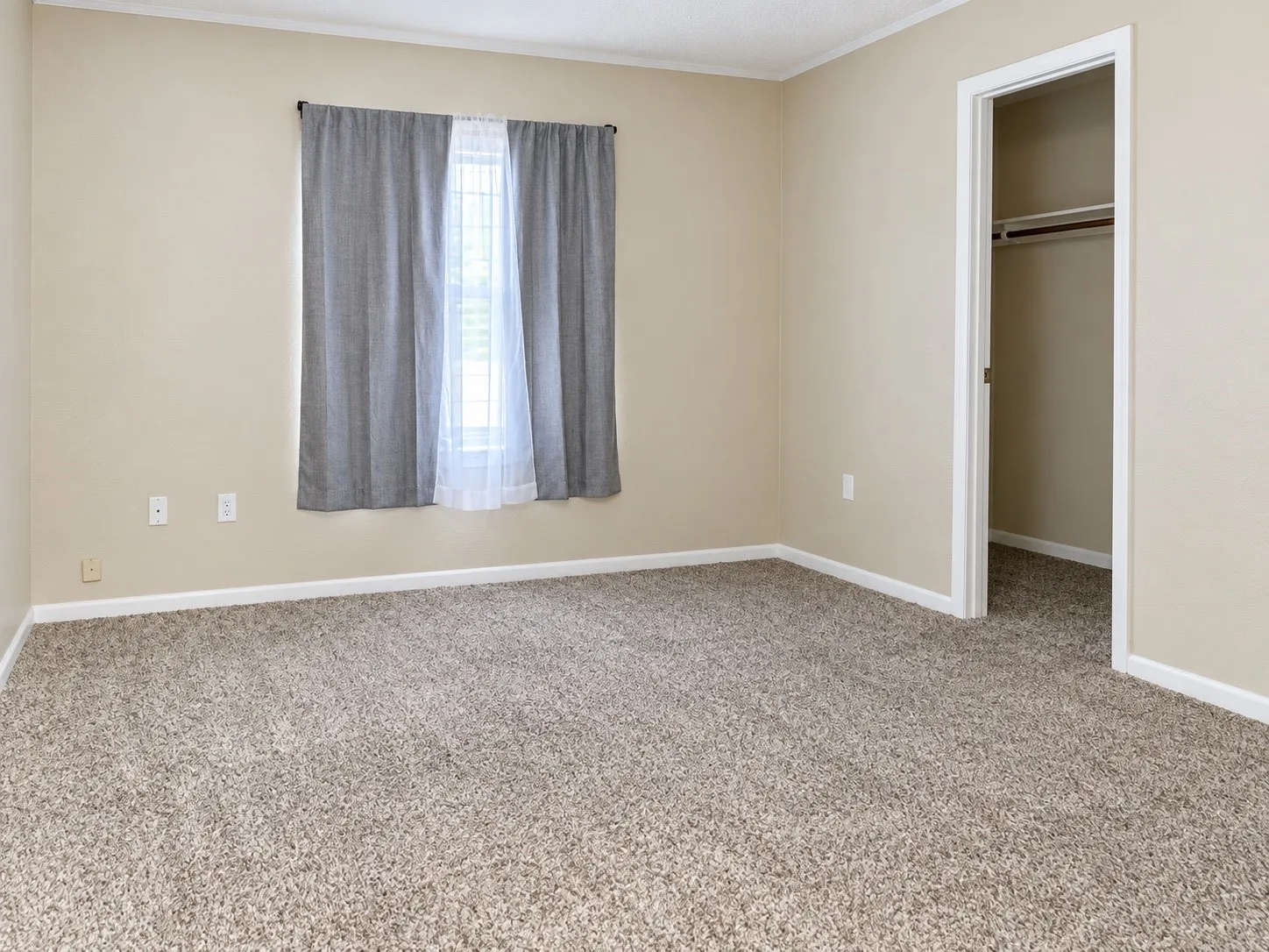 Carpeted room featuring a window with white trim, tan wall paint, and a built-in closet with a hanging rod
