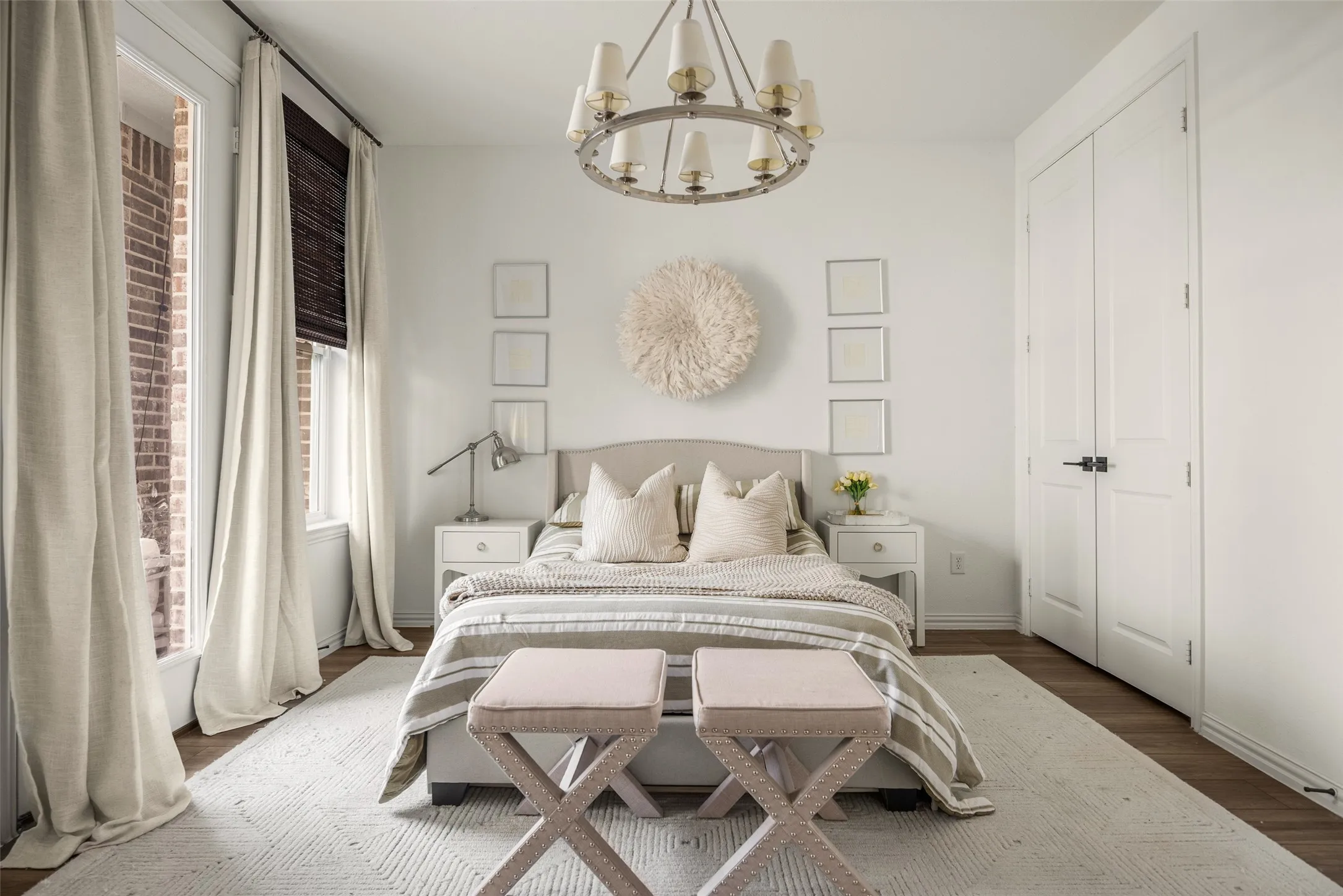 Recessed lighting, wood-finish flooring, and white paneled doors