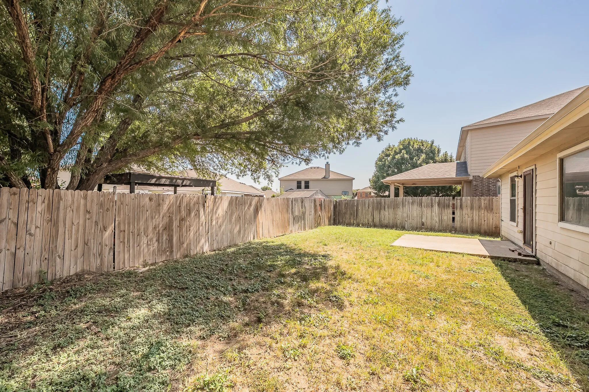 Spacious backyard featuring a mature shade tree, wood-finish fencing, and level lawn with established landscaping