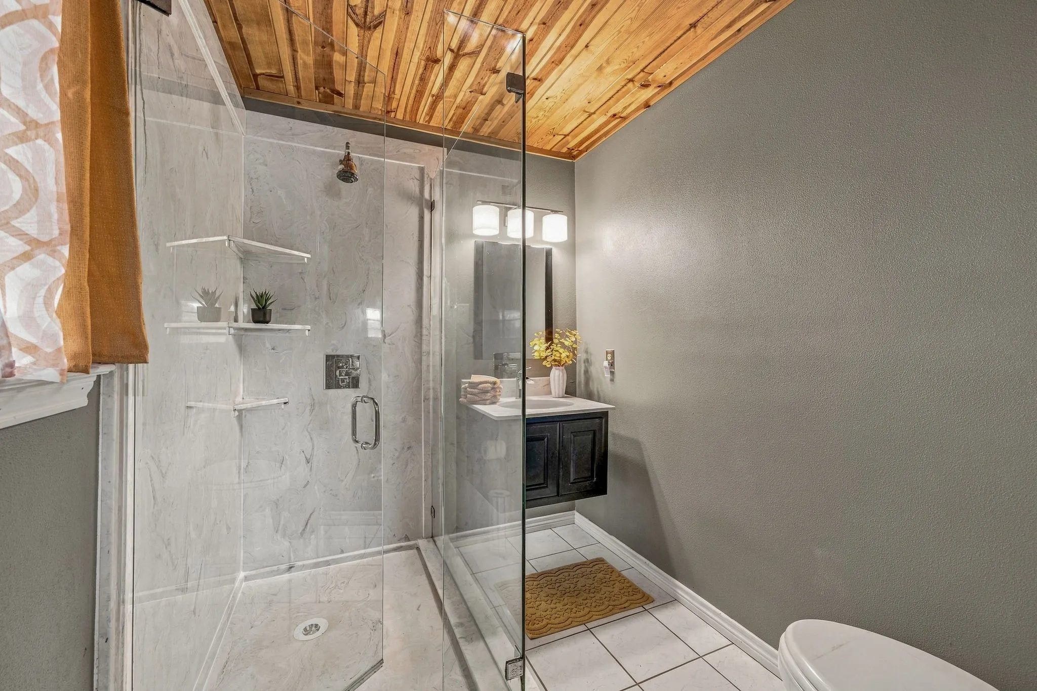 Wood plank ceiling treatment