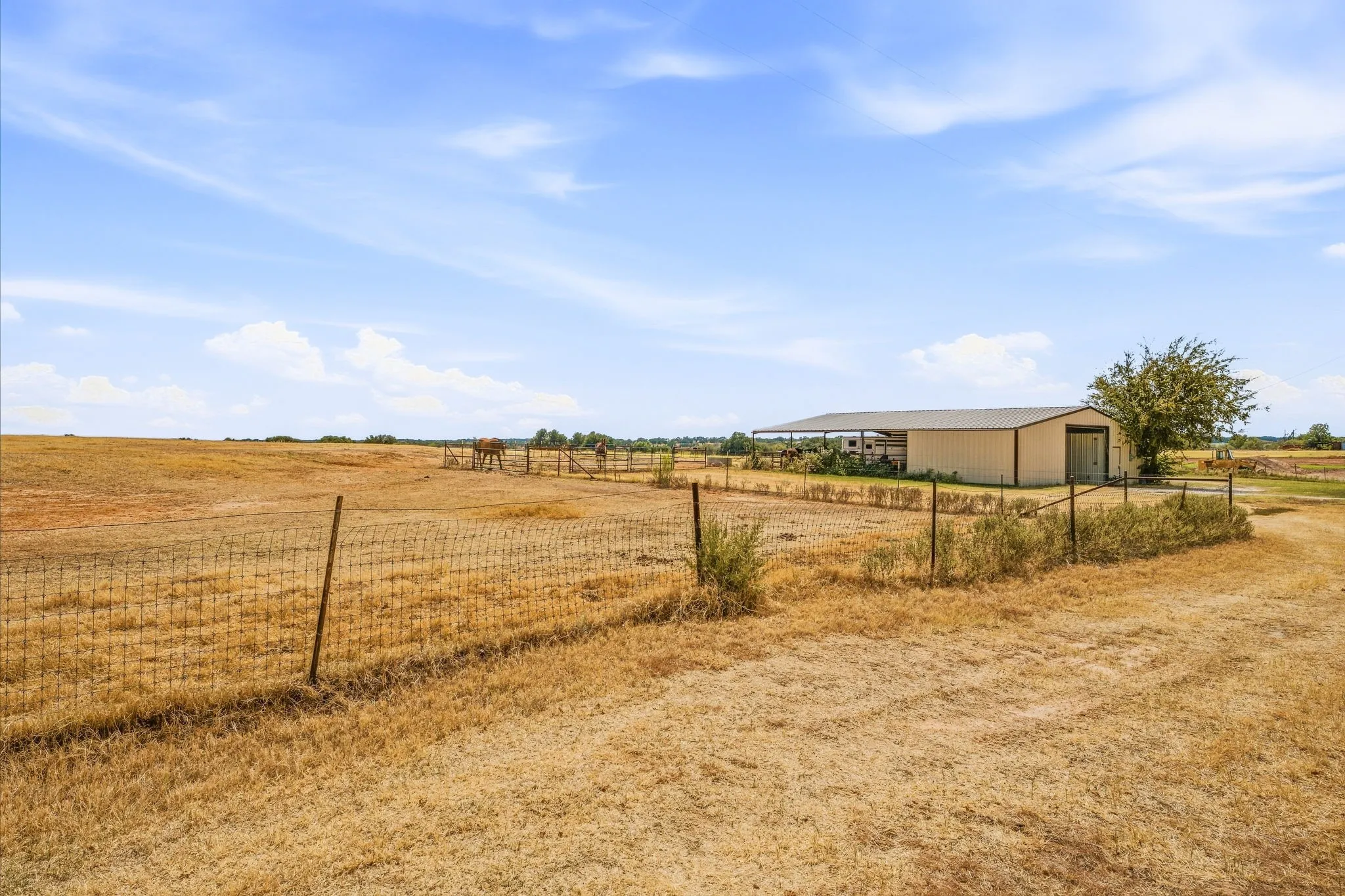Expansive open field with a metal-sided barn and covered extension