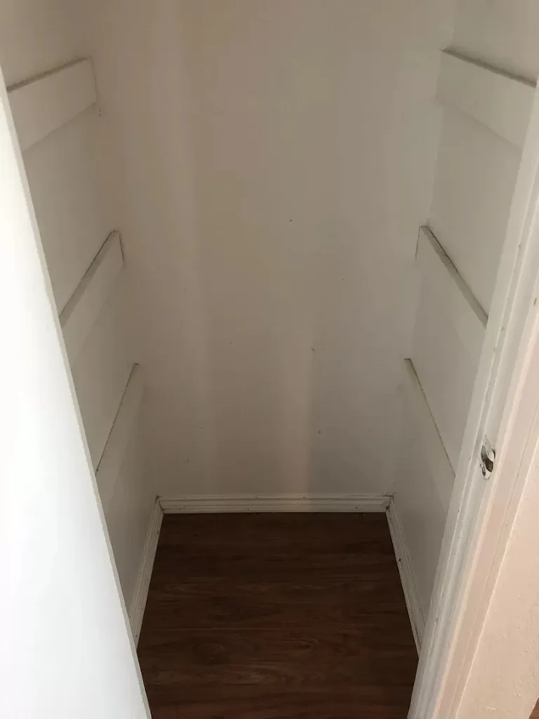 Interior closet with wood-finish flooring and built-in shelving