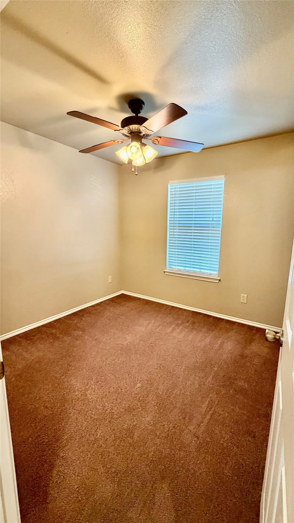 Brown carpet flooring, window with blinds, ceiling fan with integrated lighting