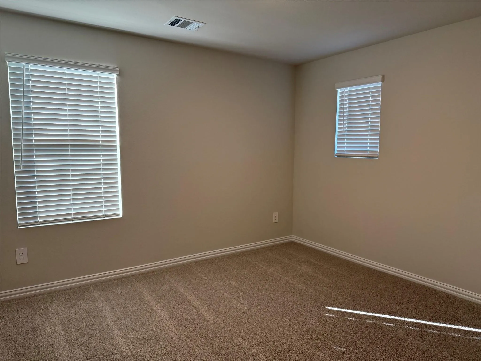 Neutral wall paint with two windows, horizontal blinds, and carpet flooring
