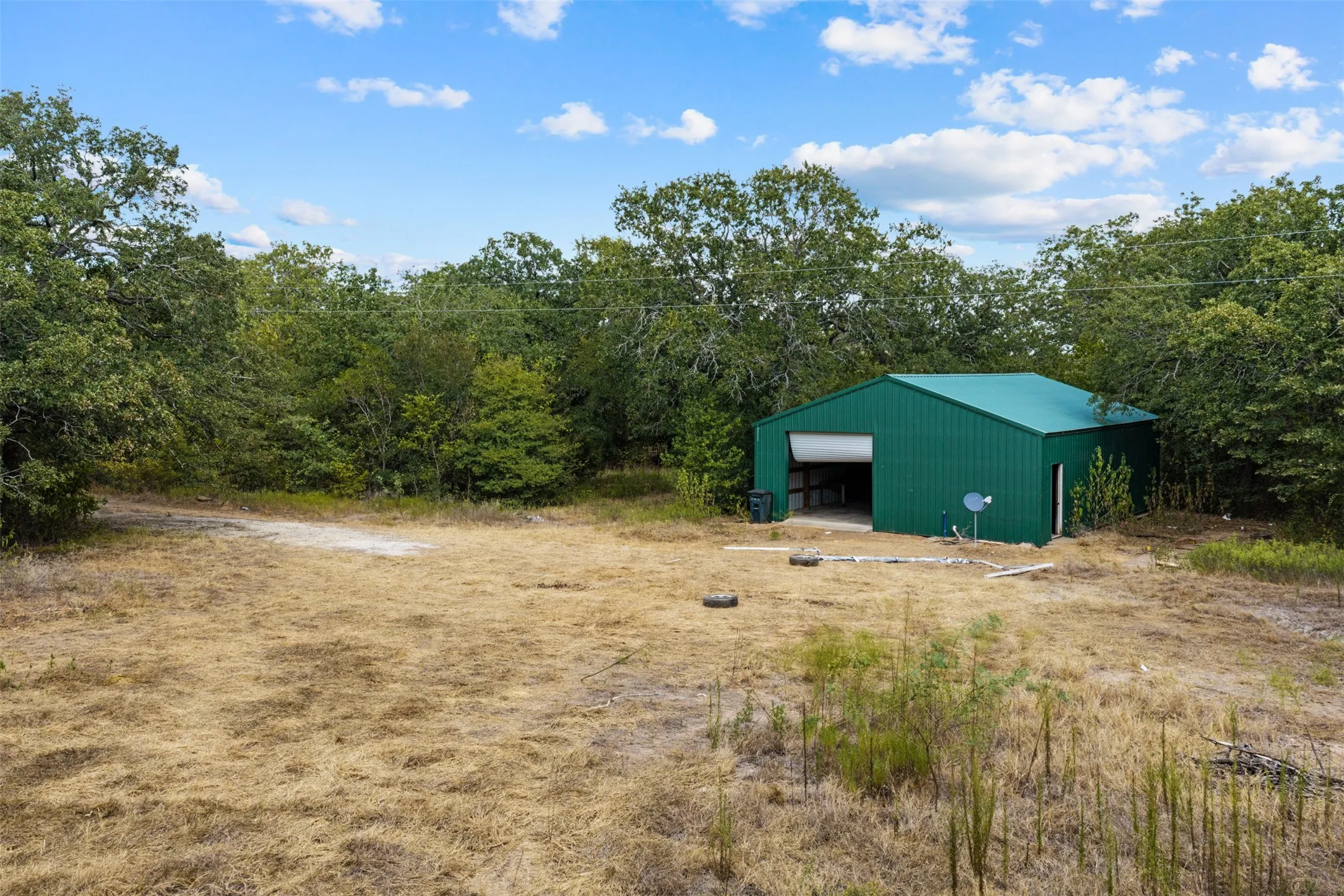 Green metal outbuilding with a roll-up door and a side entry, surrounded by mature trees
