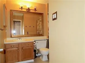 Wood-finish vanity with dual-door cabinetry, a single basin sink, and a framed mirror
