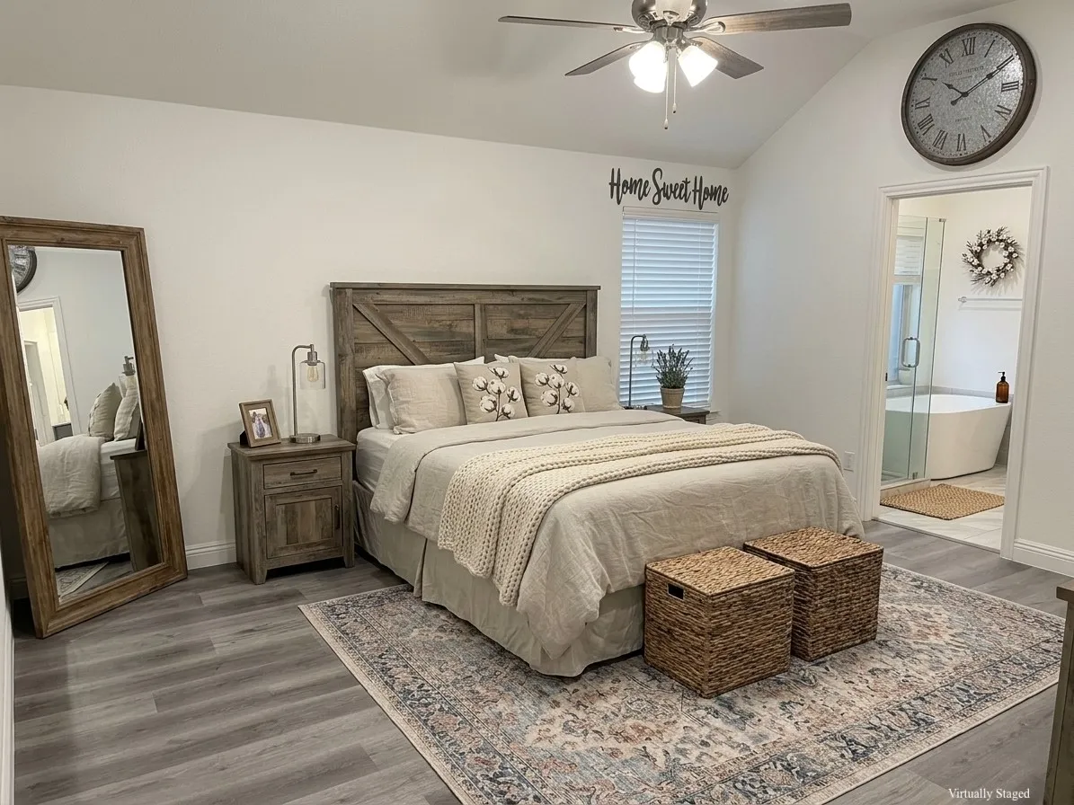 Vaulted ceiling with a ceiling fan, wood-finish flooring, and light-colored walls - VIRTUALLY STAGED