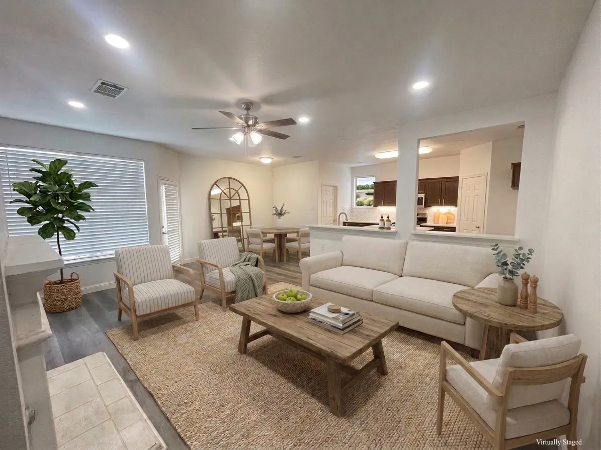 Recessed lighting, wood-finish flooring, ceiling fan, and a kitchen pass-through- VIRTUALLY STAGED