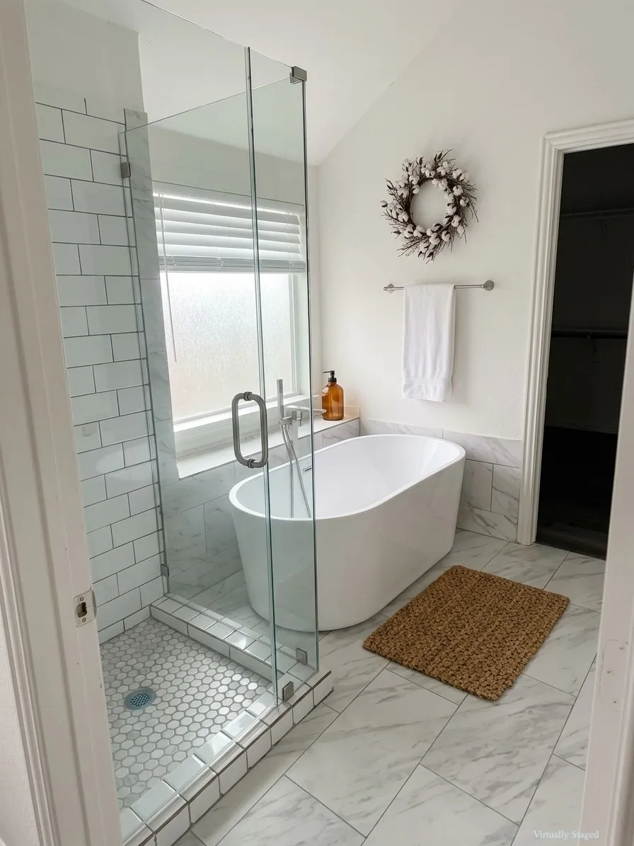 Freestanding soaking tub, glass-enclosed shower with subway tile, hexagonal shower floor tiling, large format floor tiling, and a window with privacy blinds - VIRTUALLY STAGED