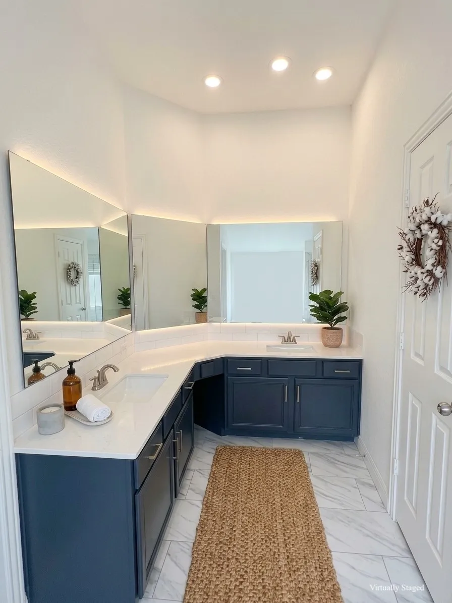 Dual vanity with integrated sinks, dark wood-finish cabinetry, white countertop, and recessed lighting - VIRTUALLY STAGED