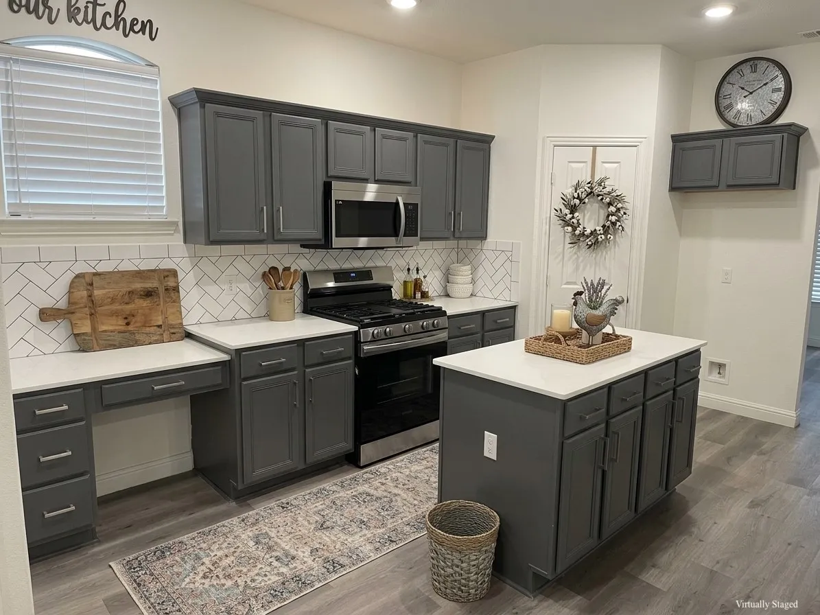 Kitchen featuring gray cabinetry, white countertops, stainless steel appliances, a herringbone tile backsplash, and wood-finish flooring-VIRTUALLY STAGED