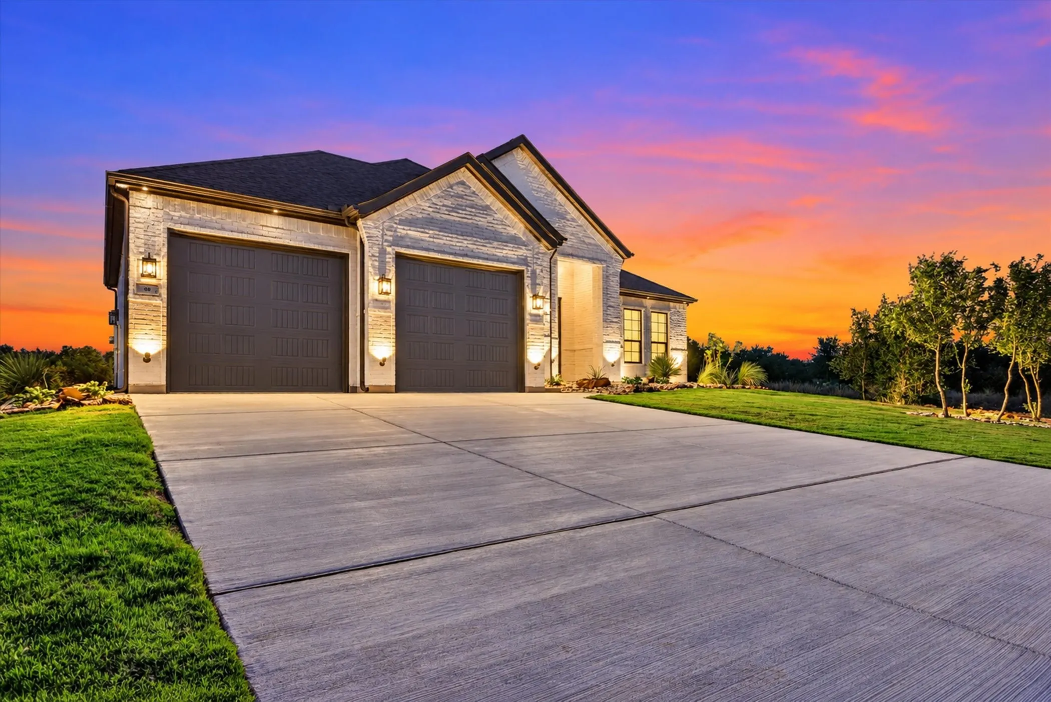 Stone veneer exterior with dark roof