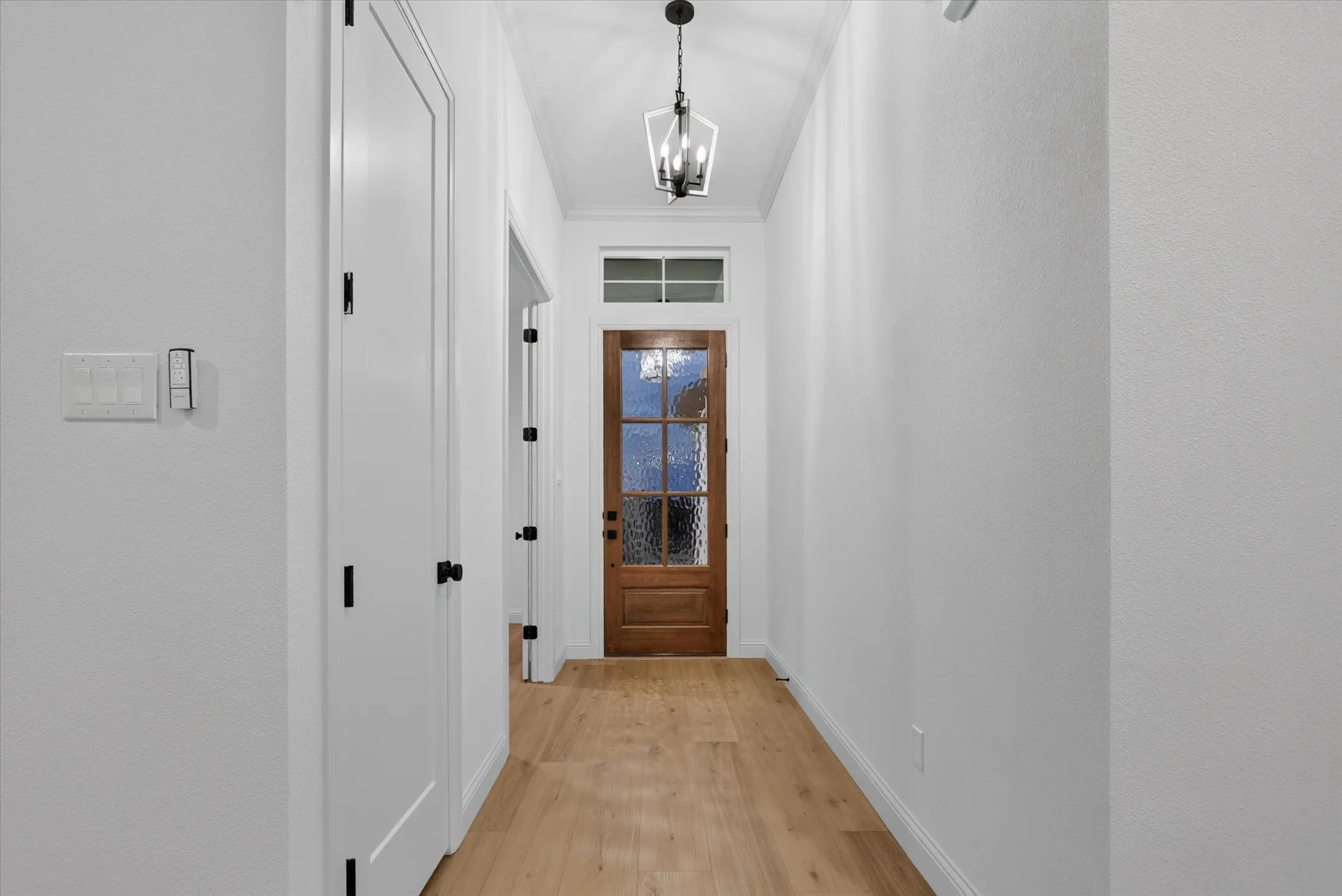 Entryway featuring wood-finish flooring, a wood-panel door with privacy glass, transom window, and a geometric pendant light fixture