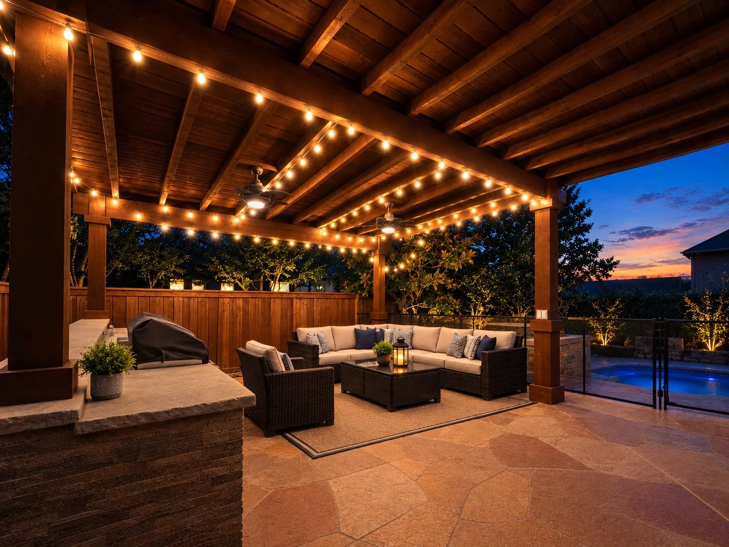 Expansive outdoor living area featuring a wood-beam pergola, integrated lighting, stone-tiled patio, built-in outdoor kitchen, and a fenced swimming pool