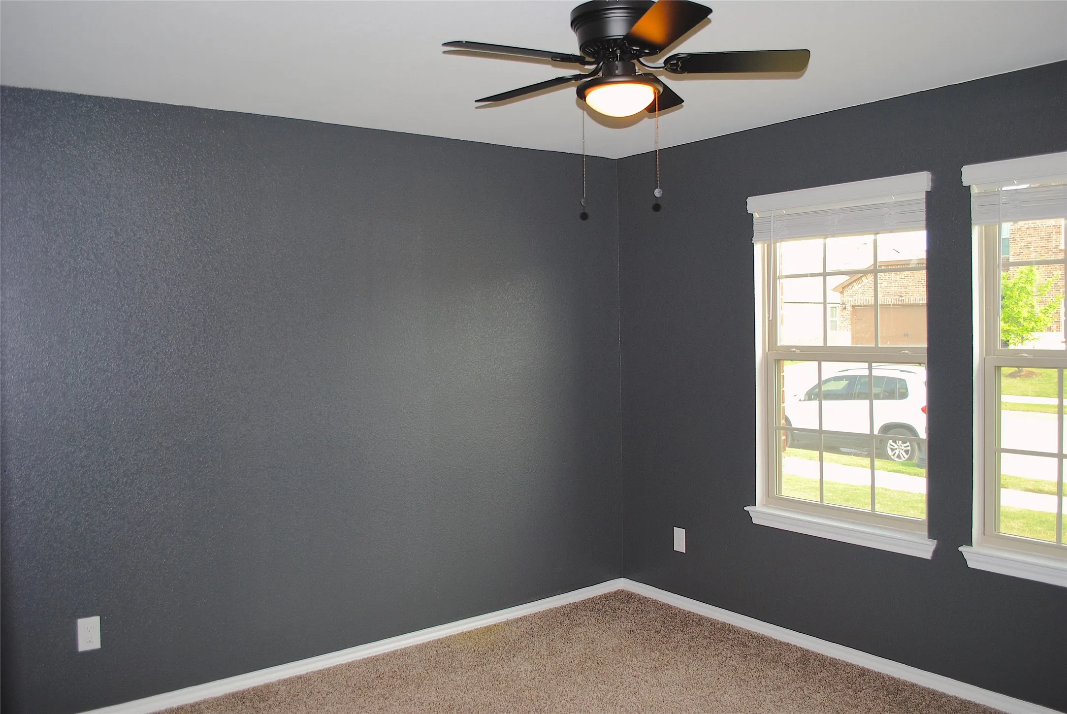 Room featuring textured dark gray walls, white trim, two double-hung windows with blinds, a ceiling fan with integrated lighting, and carpet flooring