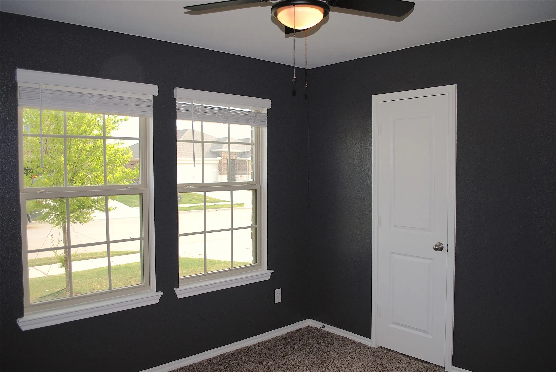 Dual pane windows with grid inserts, ceiling fan with integrated lighting, paneled interior door