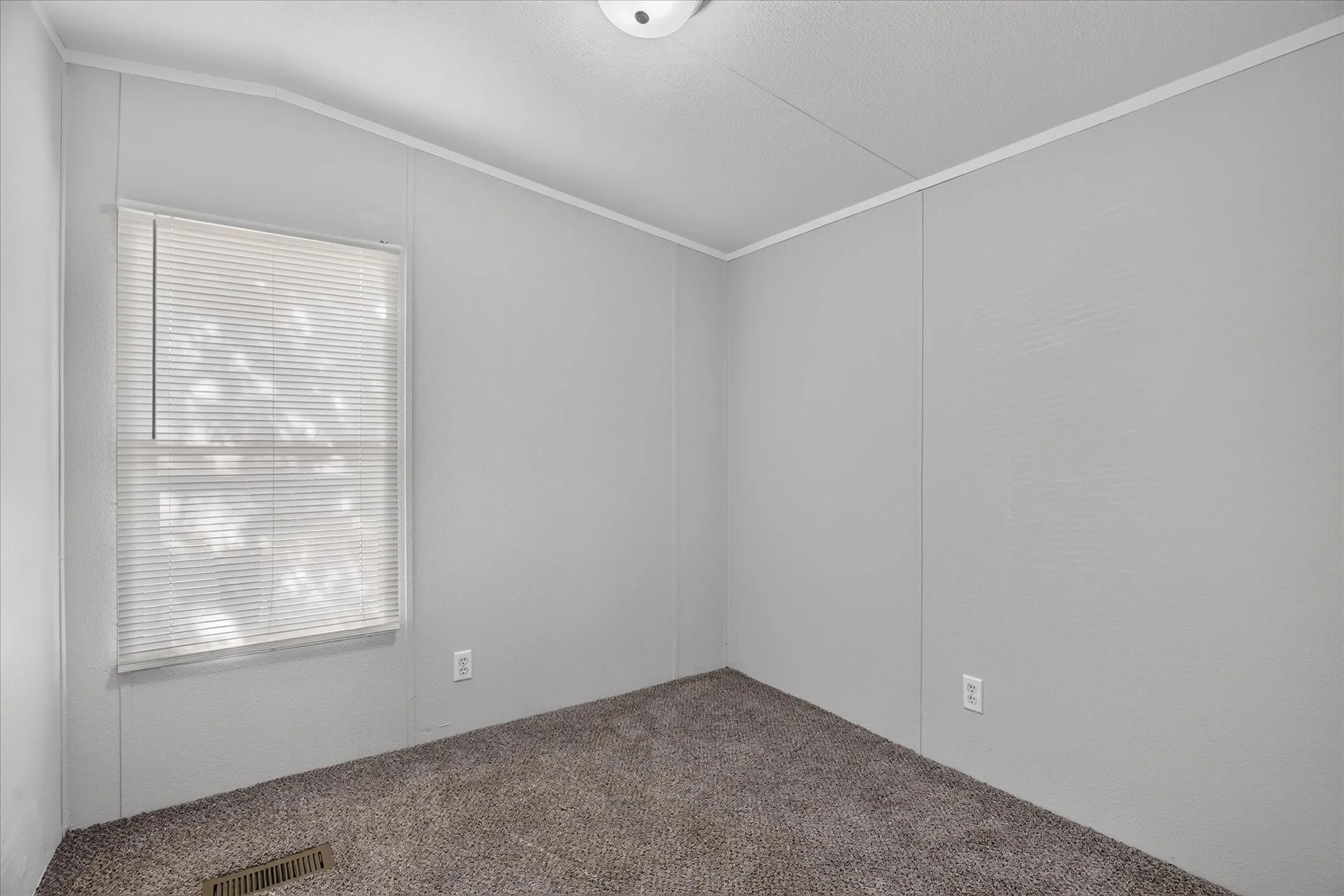 Textured gray walls, window with horizontal blinds, neutral-toned carpet flooring, overhead flush-mount light fixture
