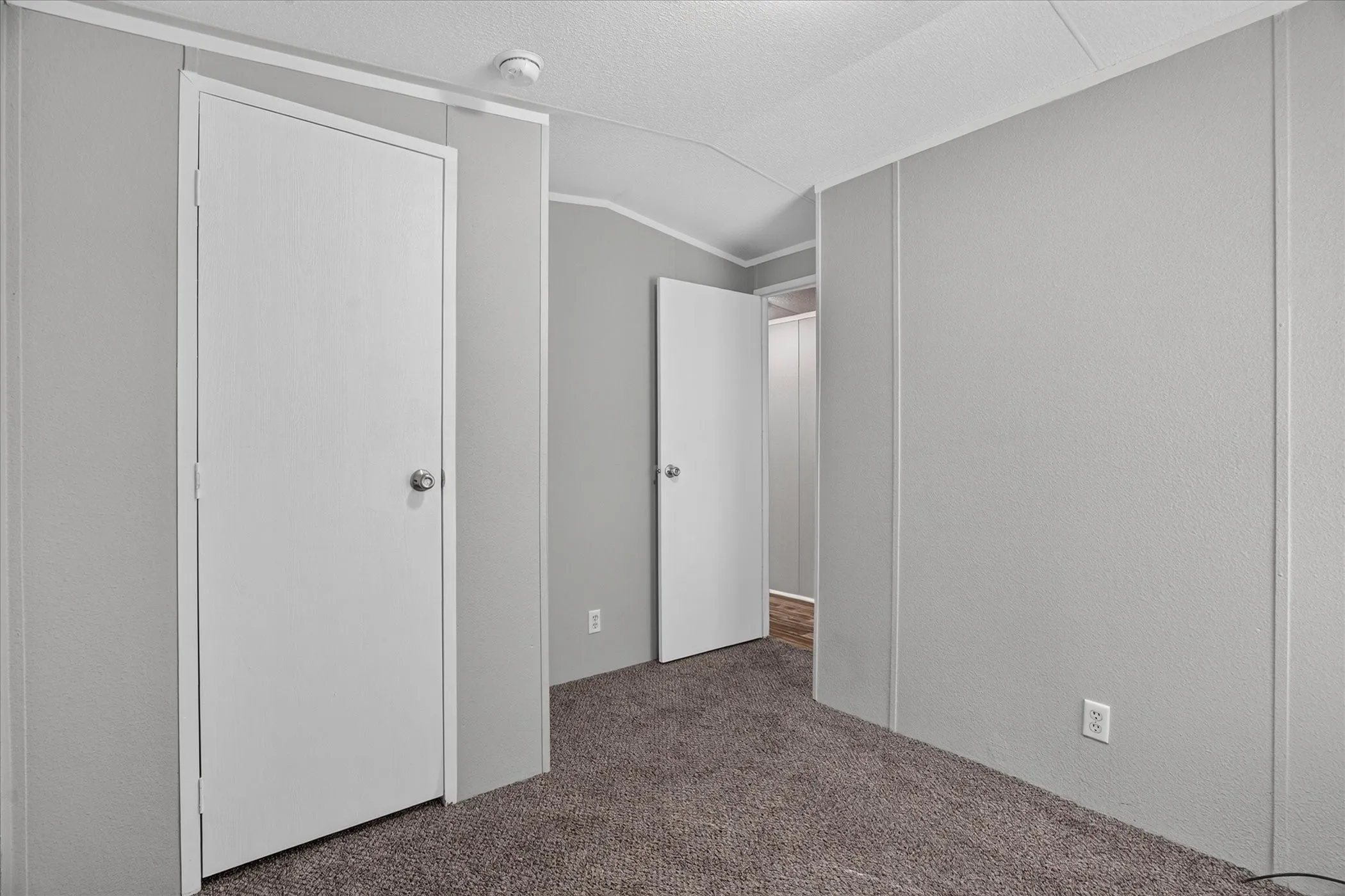 Carpeted flooring, light gray walls, and white trim throughout