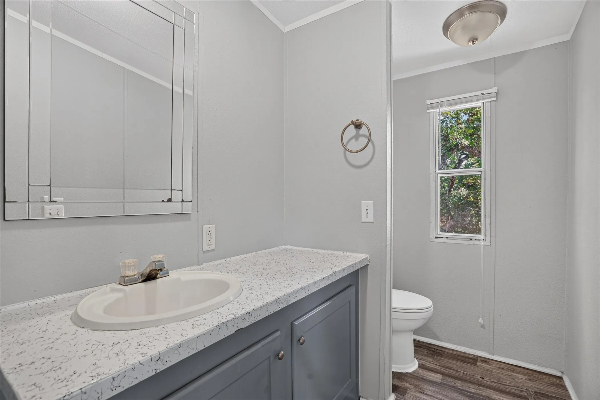 Bathroom featuring a vanity with an integrated sink, decorative framed mirror, built-in cabinetry, and wood-finish flooring